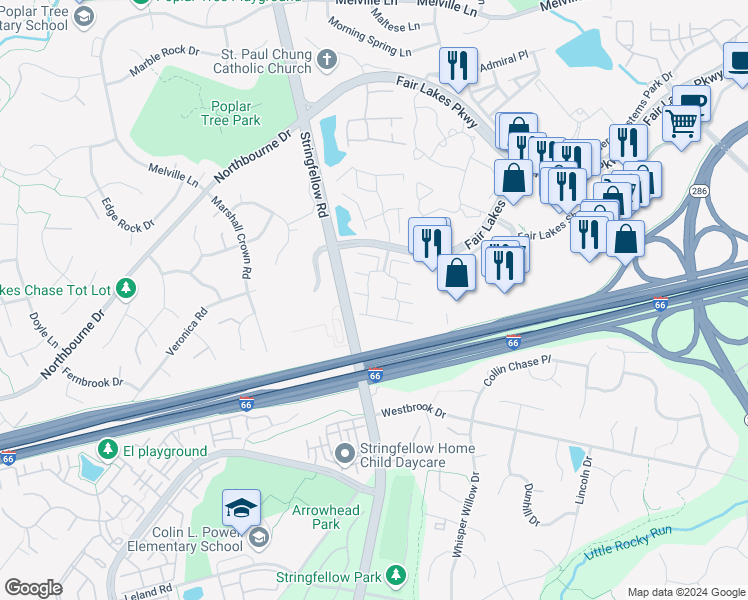 map of restaurants, bars, coffee shops, grocery stores, and more near 4825 Great Heron Terrace in Fairfax