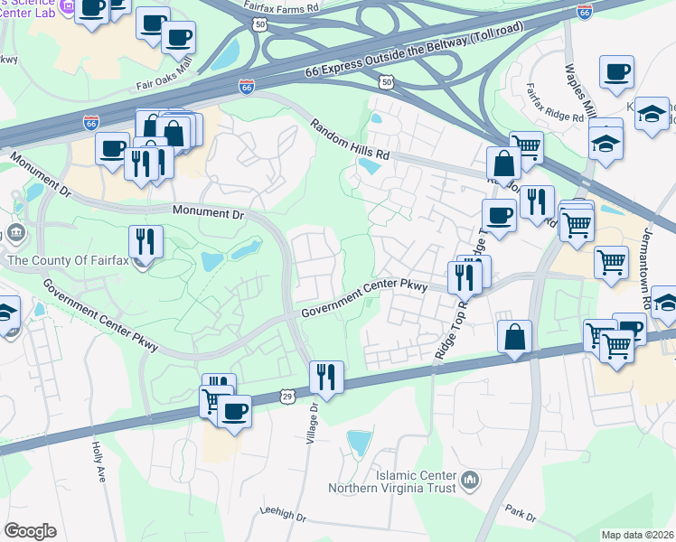 map of restaurants, bars, coffee shops, grocery stores, and more near 4211 Lower Park Drive in Fairfax