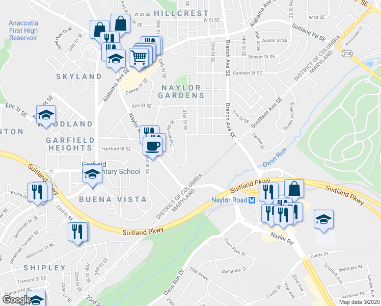map of restaurants, bars, coffee shops, grocery stores, and more near 2810 31st Street Southeast in Washington