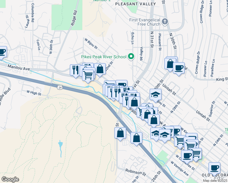 map of restaurants, bars, coffee shops, grocery stores, and more near 3150 Colorado Avenue in Colorado Springs