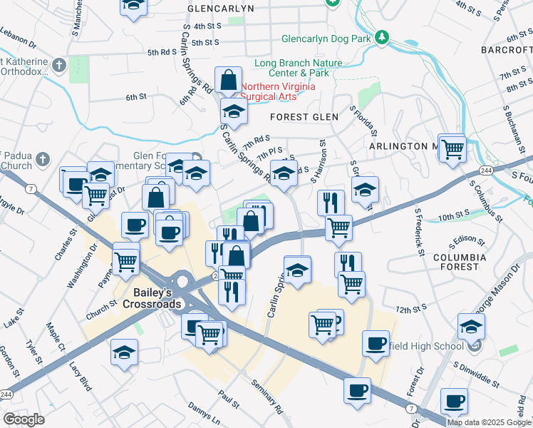 map of restaurants, bars, coffee shops, grocery stores, and more near 3407 Carlyn Hill Drive in Falls Church