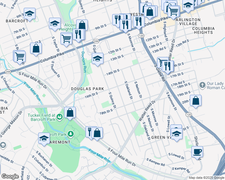 map of restaurants, bars, coffee shops, grocery stores, and more near 3916 16th Street South in Arlington