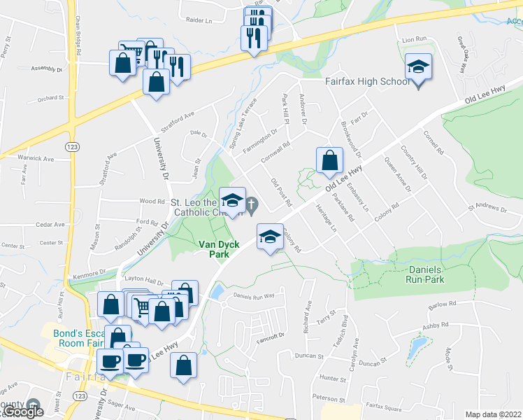 map of restaurants, bars, coffee shops, grocery stores, and more near 3515 Spring Lake Terrace in Fairfax