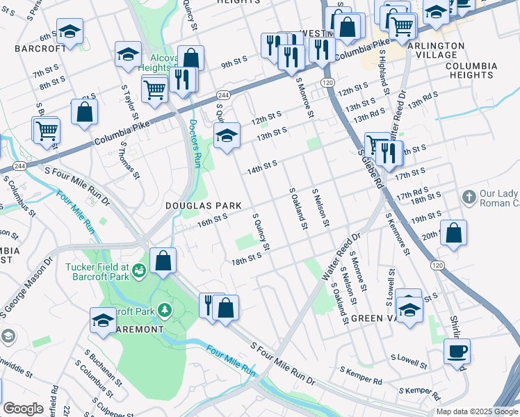 map of restaurants, bars, coffee shops, grocery stores, and more near 3916 16th Street South in Arlington