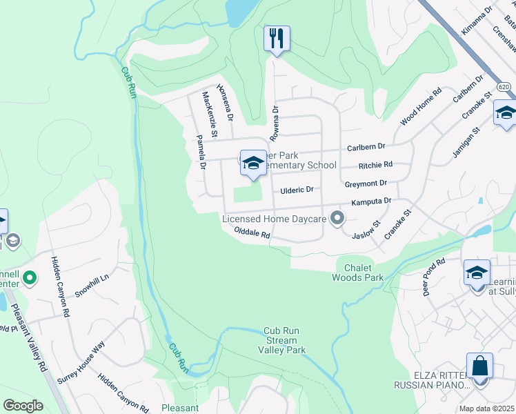 map of restaurants, bars, coffee shops, grocery stores, and more near 15104 Kamputa Drive in Centreville