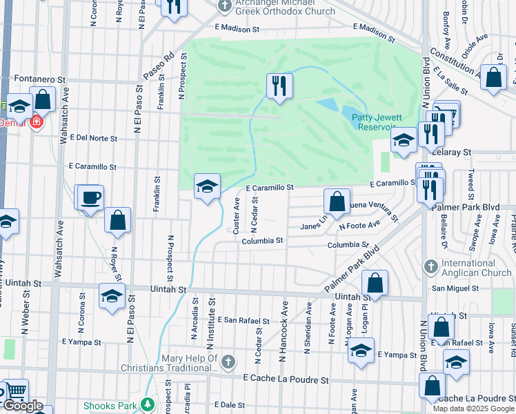 map of restaurants, bars, coffee shops, grocery stores, and more near 1512 North Cedar Street in Colorado Springs
