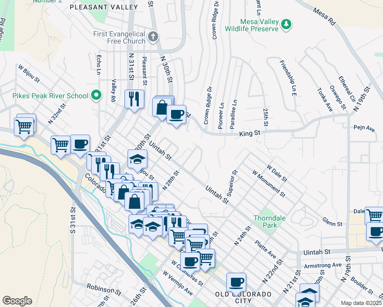 map of restaurants, bars, coffee shops, grocery stores, and more near 417 Glen View Court in Colorado Springs