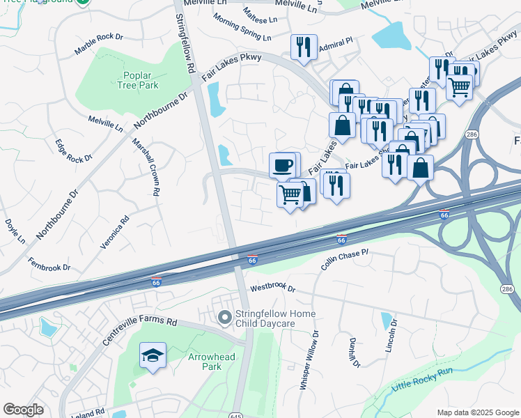 map of restaurants, bars, coffee shops, grocery stores, and more near 4809 Pheasant Brook Lane in Fairfax