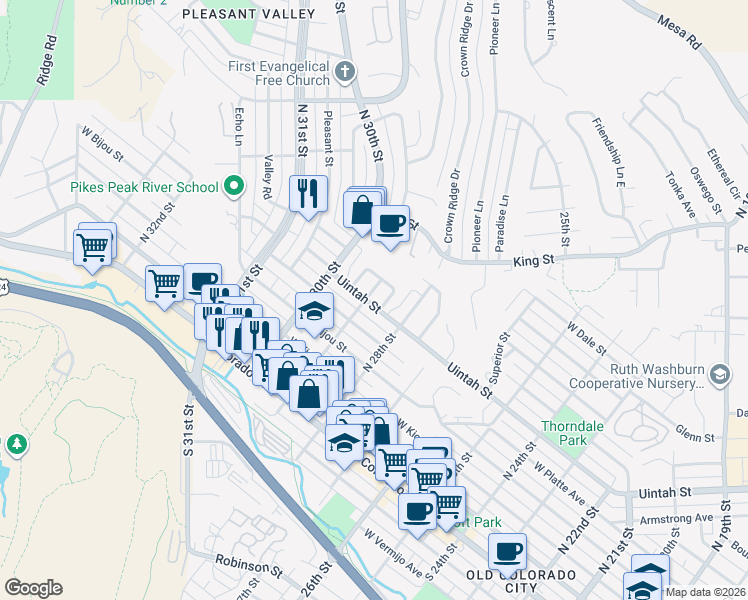 map of restaurants, bars, coffee shops, grocery stores, and more near 2828 West Uintah Street in Colorado Springs