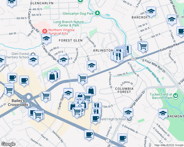 map of restaurants, bars, coffee shops, grocery stores, and more near 870 South Greenbrier Street in Arlington