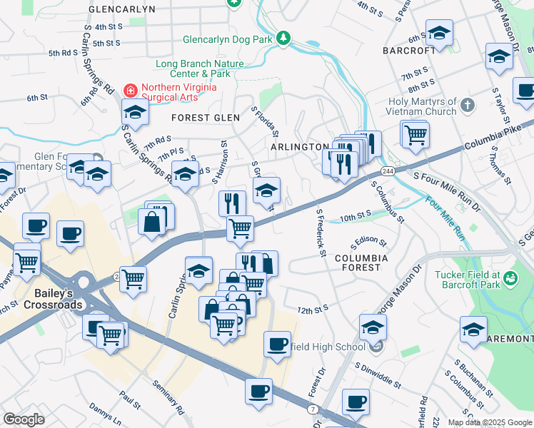 map of restaurants, bars, coffee shops, grocery stores, and more near 5511 Columbia Pike in Arlington