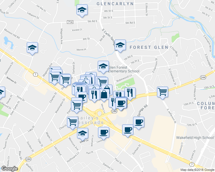 map of restaurants, bars, coffee shops, grocery stores, and more near 3334 Spring Lane in Falls Church