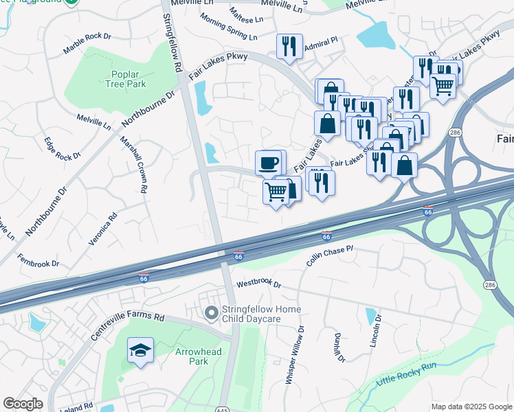 map of restaurants, bars, coffee shops, grocery stores, and more near 13102 Englishwood Lane in Fairfax