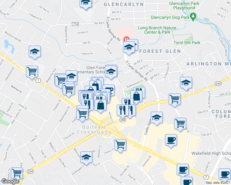 map of restaurants, bars, coffee shops, grocery stores, and more near 3334 Spring Lane in Falls Church