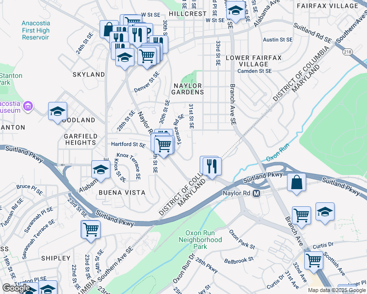 map of restaurants, bars, coffee shops, grocery stores, and more near 2806 Terrace Road Southeast in Washington