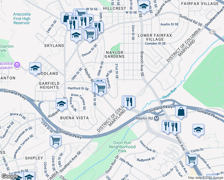 map of restaurants, bars, coffee shops, grocery stores, and more near 2806 Terrace Road Southeast in Washington