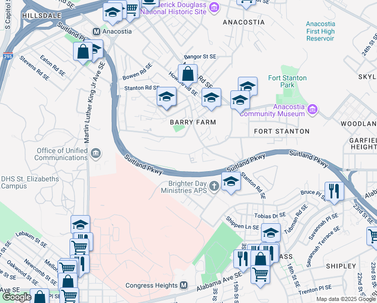 map of restaurants, bars, coffee shops, grocery stores, and more near 2425 Elvans Road Southeast in Washington