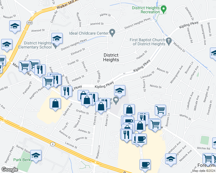 map of restaurants, bars, coffee shops, grocery stores, and more near 6711 Kipling Parkway in District Heights