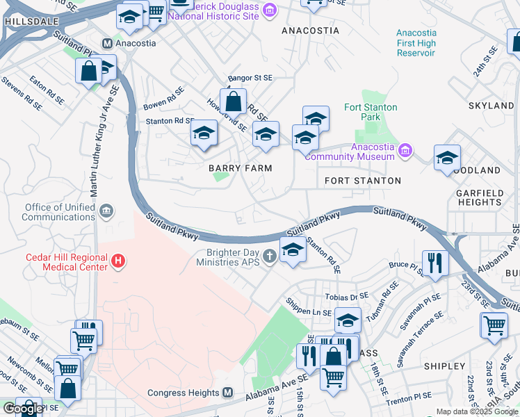 map of restaurants, bars, coffee shops, grocery stores, and more near 2424 Elvans Road Southeast in Washington
