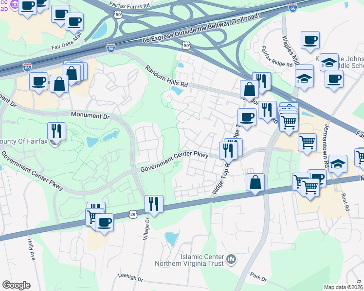 map of restaurants, bars, coffee shops, grocery stores, and more near 11652 Fairfax Center Woods Tr in Fairfax