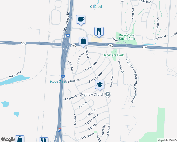 map of restaurants, bars, coffee shops, grocery stores, and more near 6111 East 148 Terrace in Grandview