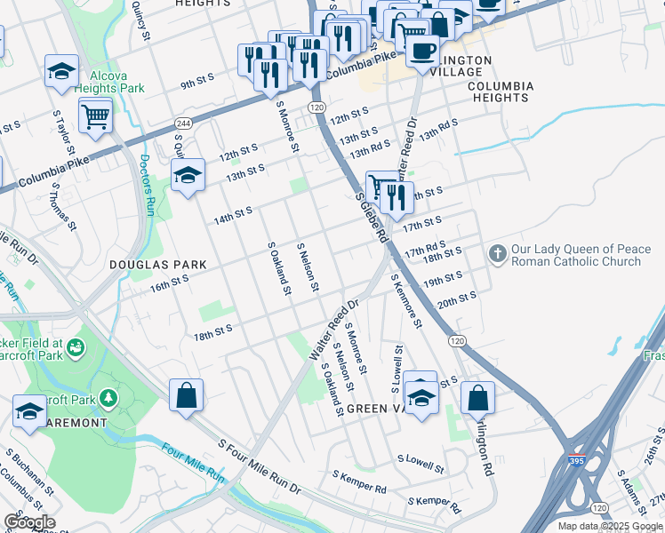 map of restaurants, bars, coffee shops, grocery stores, and more near 1710 South Monroe Street in Arlington