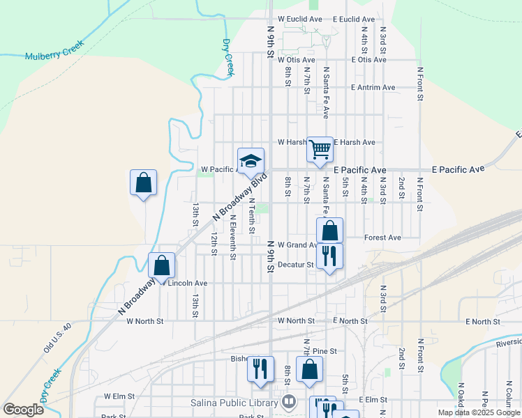 map of restaurants, bars, coffee shops, grocery stores, and more near 740 North 9th Street in Salina