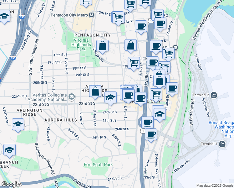 map of restaurants, bars, coffee shops, grocery stores, and more near 621 22nd Street South in Arlington