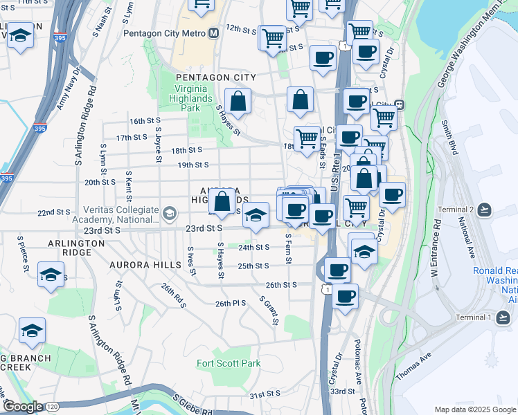 map of restaurants, bars, coffee shops, grocery stores, and more near 637 22nd Street South in Arlington
