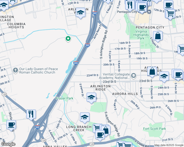 map of restaurants, bars, coffee shops, grocery stores, and more near 1407 22nd Street South in Arlington