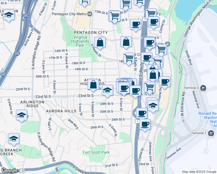 map of restaurants, bars, coffee shops, grocery stores, and more near 637 22nd Street South in Arlington