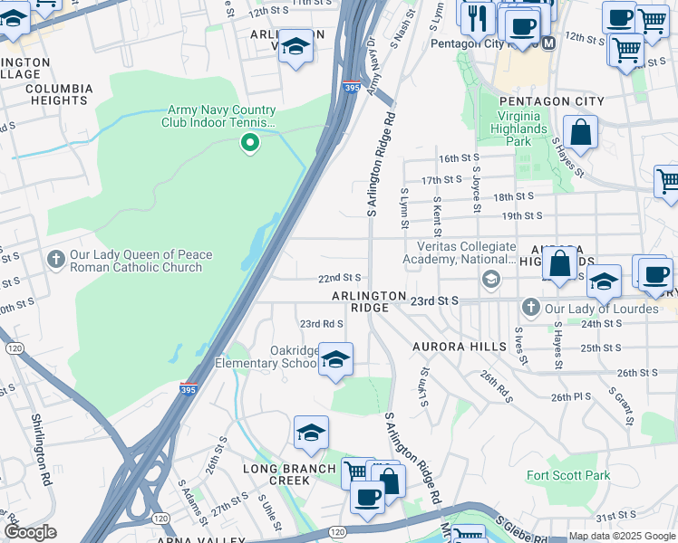 map of restaurants, bars, coffee shops, grocery stores, and more near 1407 22nd Street South in Arlington