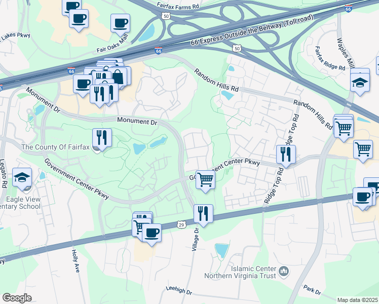 map of restaurants, bars, coffee shops, grocery stores, and more near 4253 Upper Park Drive in Fairfax