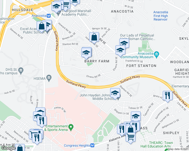 map of restaurants, bars, coffee shops, grocery stores, and more near 2425 Elvans Road Southeast in Washington