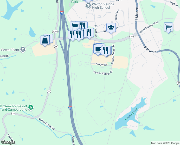 map of restaurants, bars, coffee shops, grocery stores, and more near 12800 Towne Center Drive in Walton
