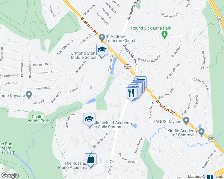 map of restaurants, bars, coffee shops, grocery stores, and more near 14664 Stone Crossing Court in Centreville