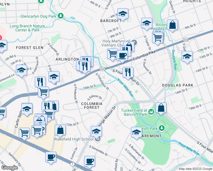 map of restaurants, bars, coffee shops, grocery stores, and more near 1001 South Columbus Street in Arlington