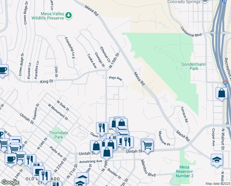 map of restaurants, bars, coffee shops, grocery stores, and more near 1806 Mayan Court in Colorado Springs