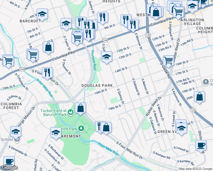 map of restaurants, bars, coffee shops, grocery stores, and more near 1513 South Randolph Street in Arlington