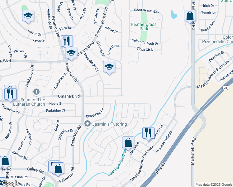 map of restaurants, bars, coffee shops, grocery stores, and more near 7240 Omaha Boulevard in Colorado Springs