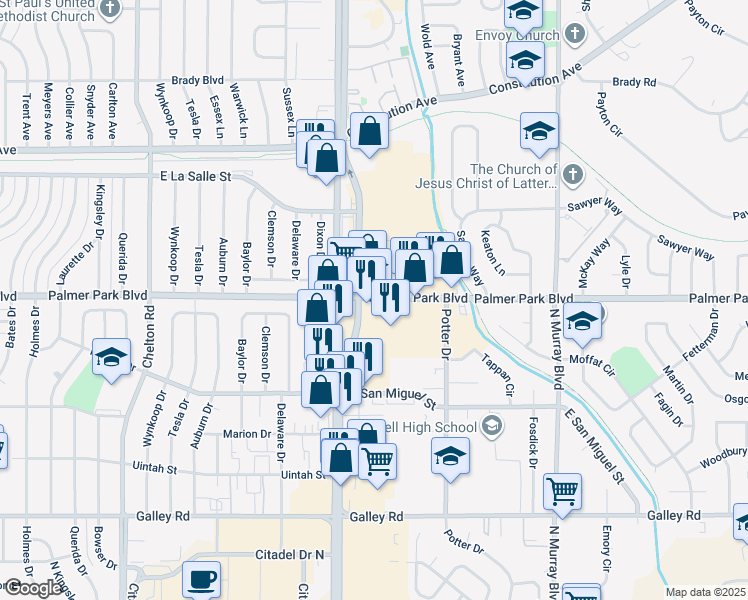 map of restaurants, bars, coffee shops, grocery stores, and more near 3905 Palmer Park Boulevard in Colorado Springs