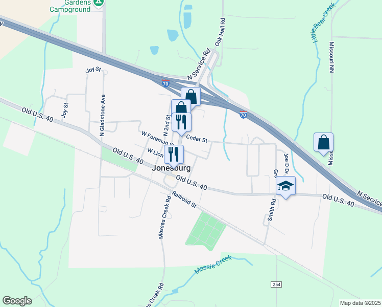 map of restaurants, bars, coffee shops, grocery stores, and more near 106 East Foreman Street in Jonesburg