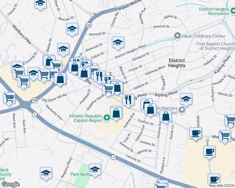 map of restaurants, bars, coffee shops, grocery stores, and more near 2505 Aztec Drive in District Heights