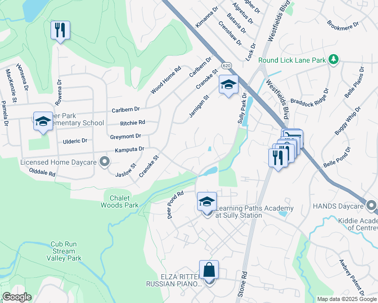map of restaurants, bars, coffee shops, grocery stores, and more near 5631 Flagler Drive in Centreville
