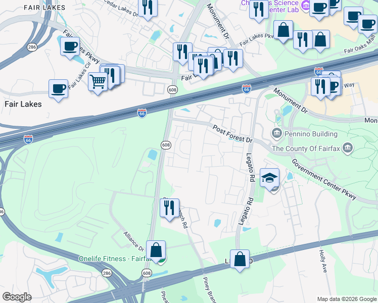 map of restaurants, bars, coffee shops, grocery stores, and more near 12292 Sessile Commons in Fairfax