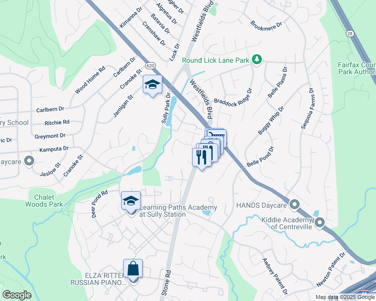 map of restaurants, bars, coffee shops, grocery stores, and more near 14615 Stone Crossing Court in Centreville