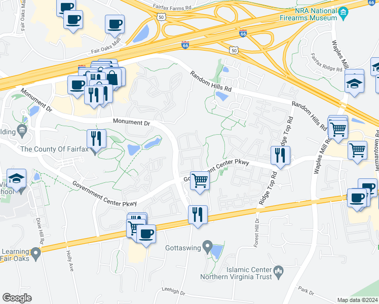 map of restaurants, bars, coffee shops, grocery stores, and more near 11619 Park Vista Boulevard in Fairfax