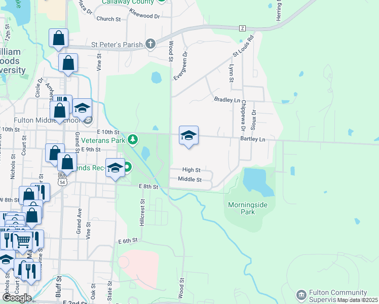 map of restaurants, bars, coffee shops, grocery stores, and more near 908 Wood Street in Fulton