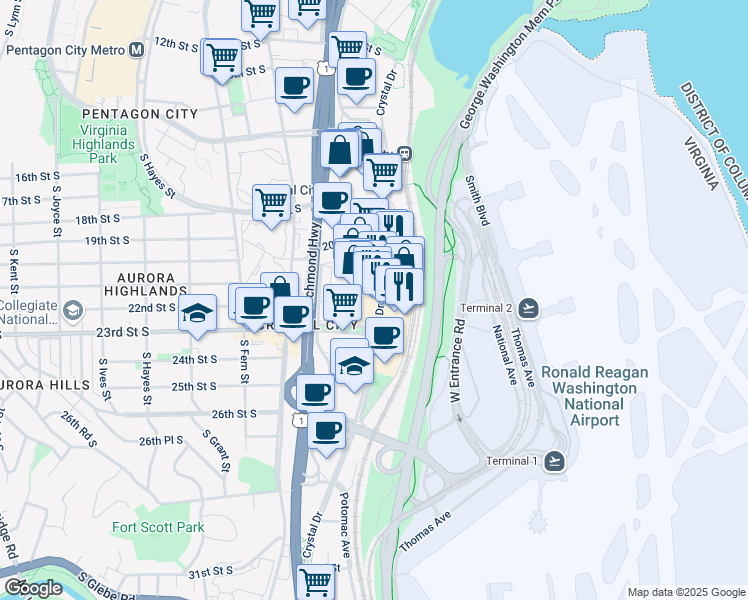 map of restaurants, bars, coffee shops, grocery stores, and more near 2011 Crystal Drive in Arlington