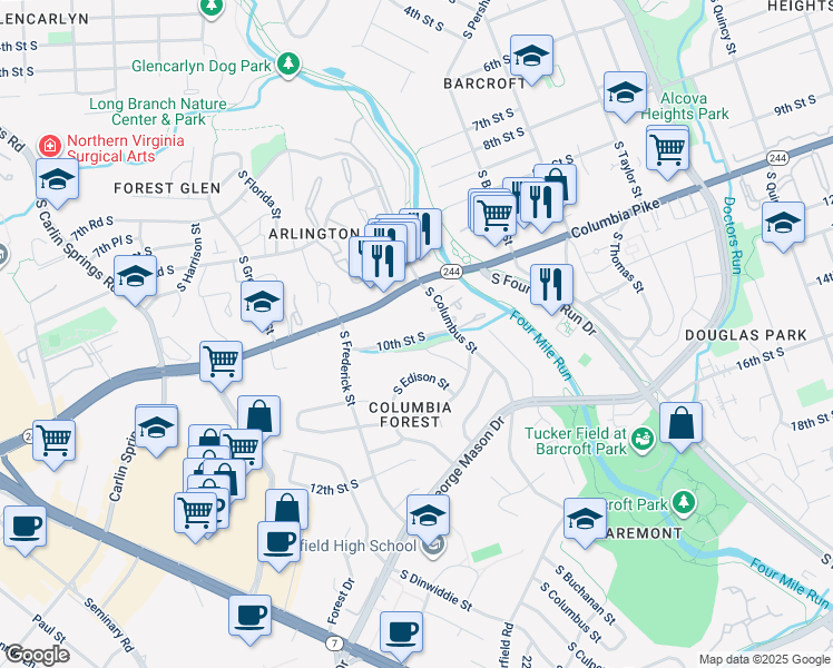 map of restaurants, bars, coffee shops, grocery stores, and more near 5001 10th Street South in Arlington